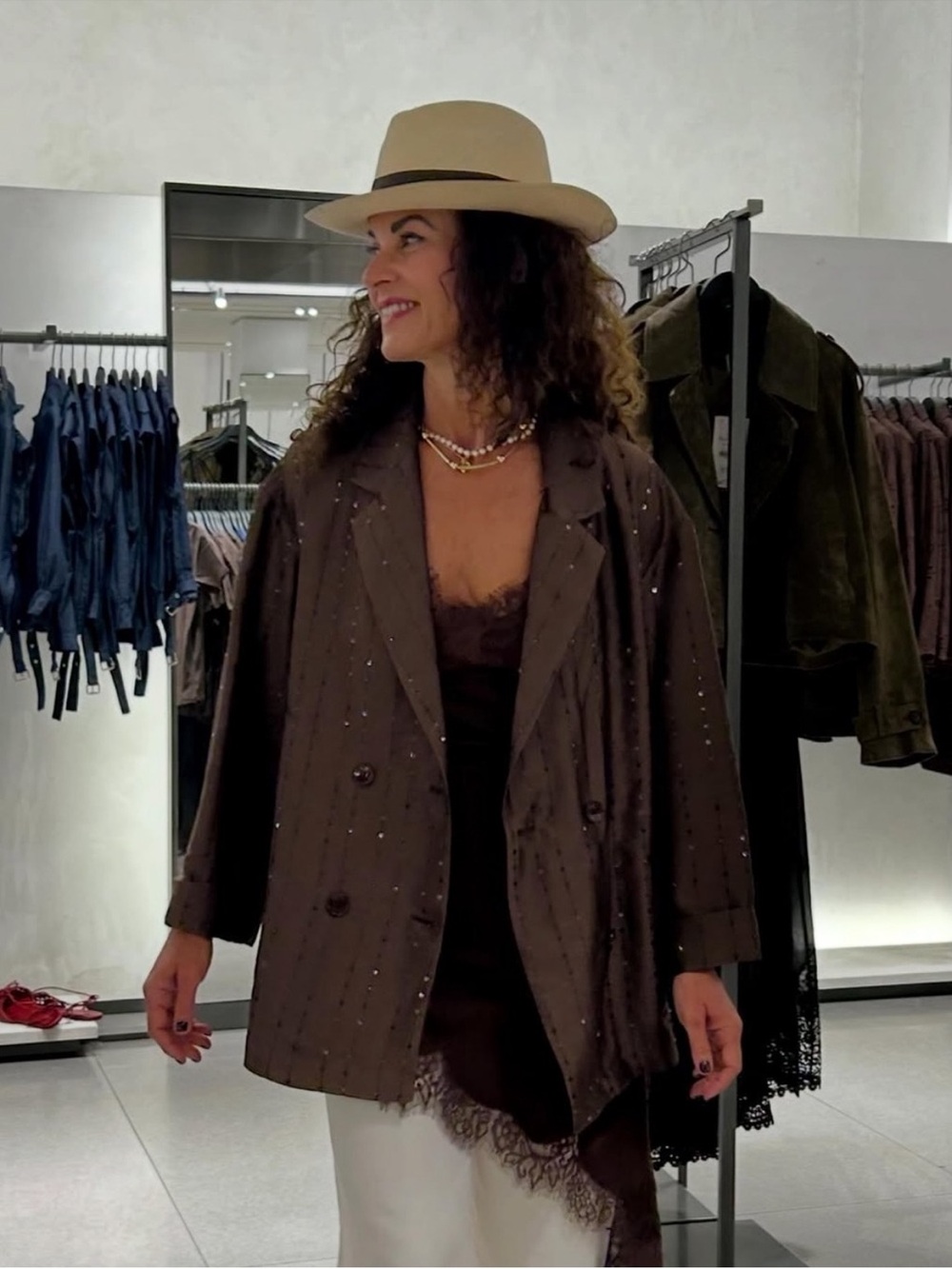 Zara Brown Double-Breasted sequin Satin Blazer